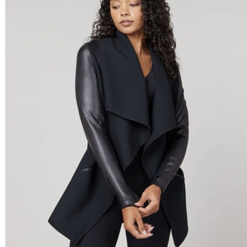 SPANX Drape Front Mixed Media Ponte Faux Leather Jacket Black size Medium